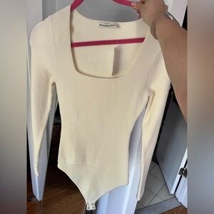 Cream Ribbed Long Sleeve Top